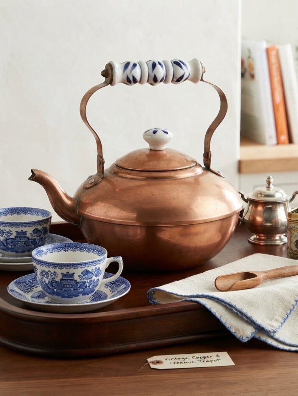 Vintage Copper Teapot with Blue and White Ceramic Handle and Lid